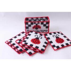Fly Away Home, Plastic Canvas Needlepoint Coasters with Ladybugs, Set of 6,
